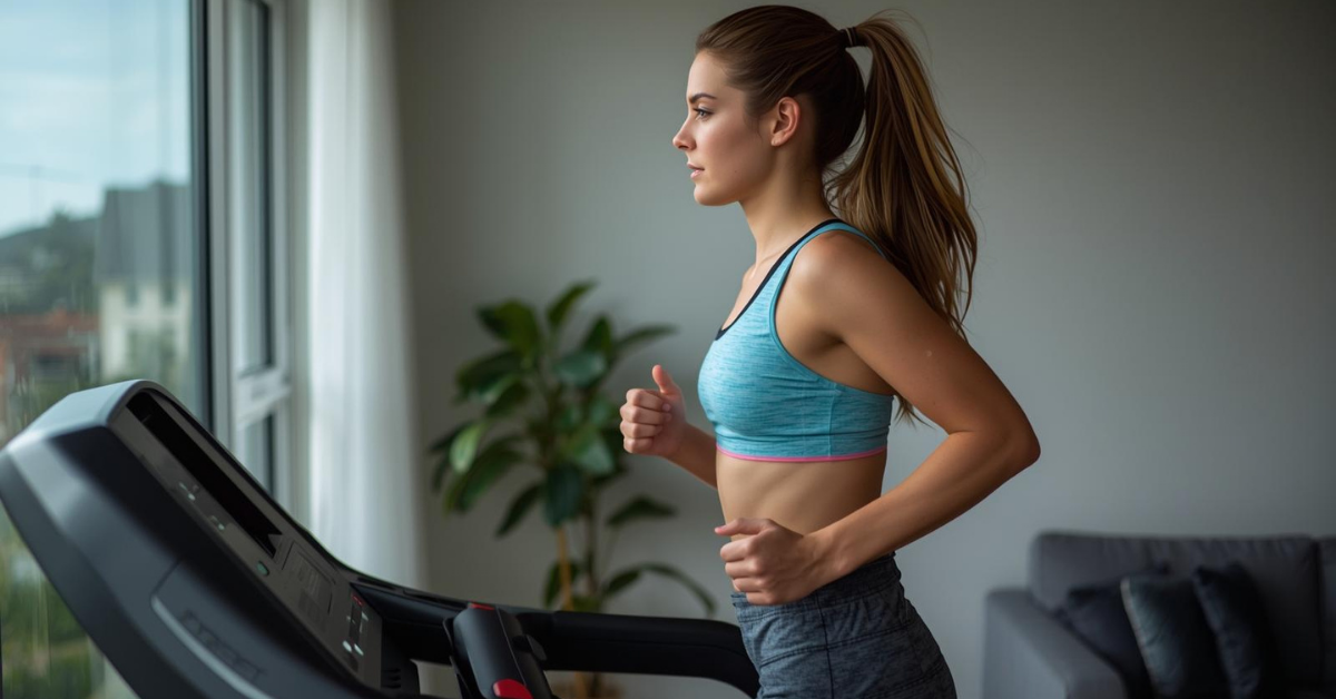 Ragazza corre su tapis roulant in casa